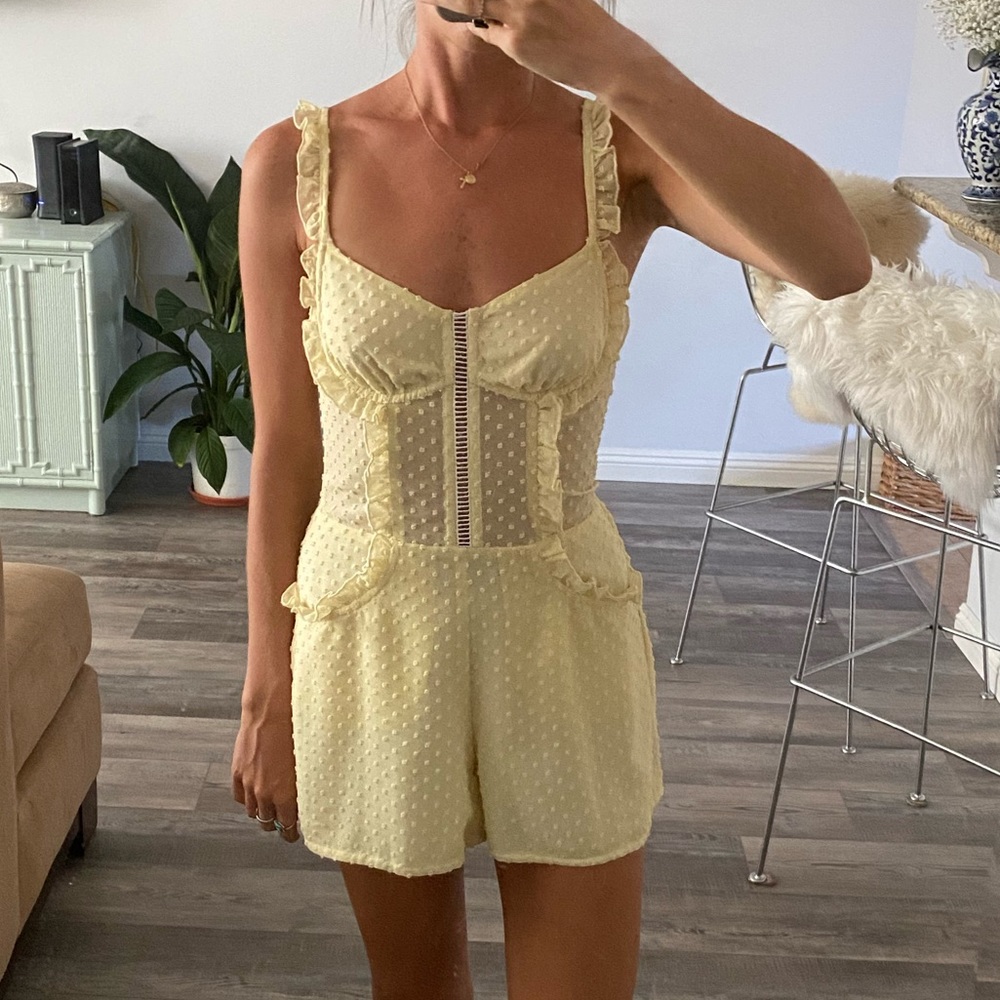 Pale yellow Swiss dot chiffon corseted romper